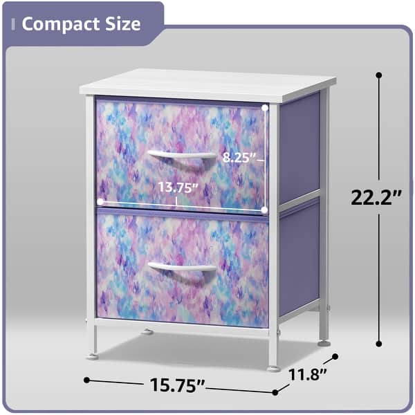 dimension image slide 3 of 7, Sorbus Nightstand with 2 Drawers - Steel Frame, Wood Top & Easy Pull Fabric Bins (2 Pack)