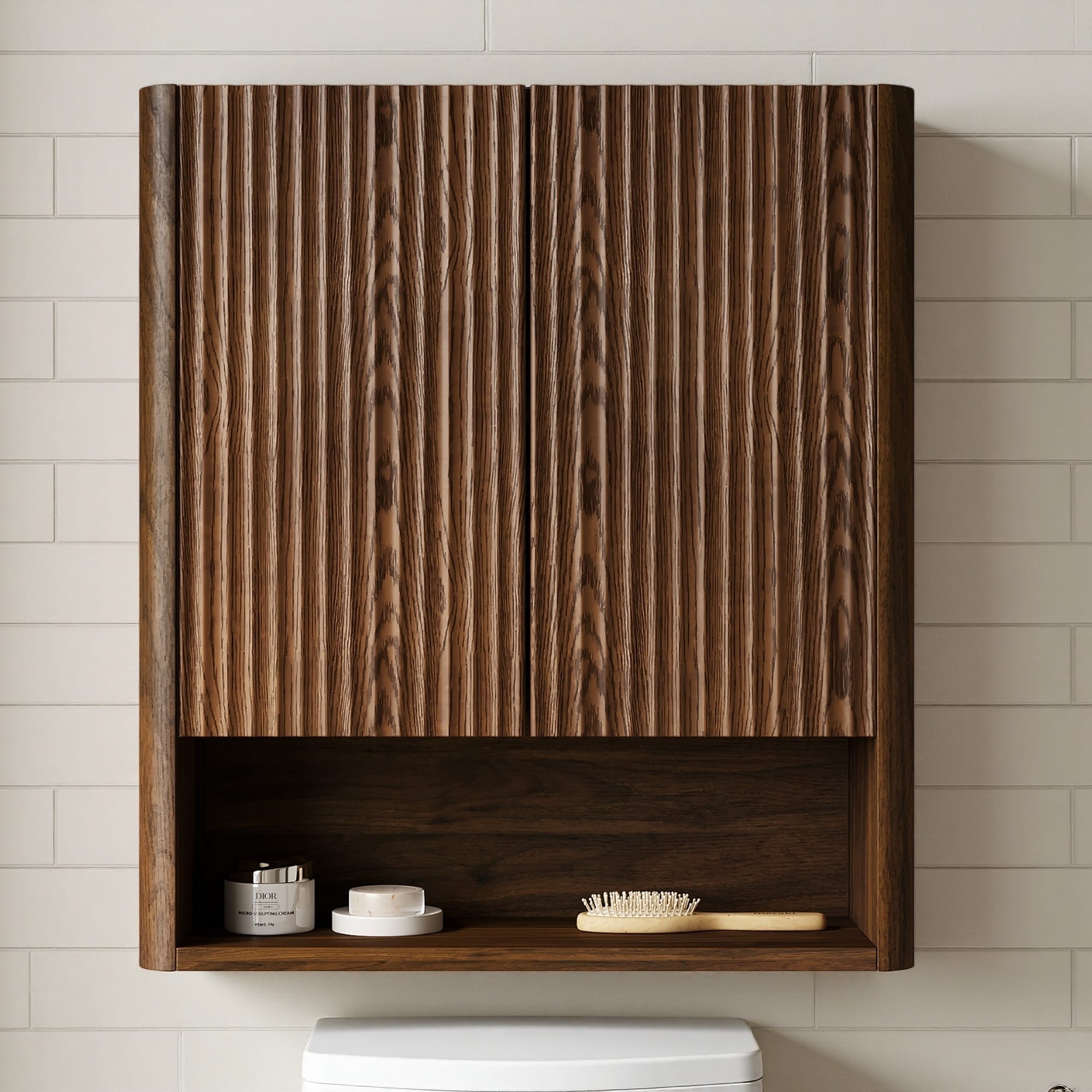 26" Wall-Mounted Striped Bathroom Cabinet with Doors, Shelf & Open Storage Compartment, Over The Toilet Storage for Bathroom