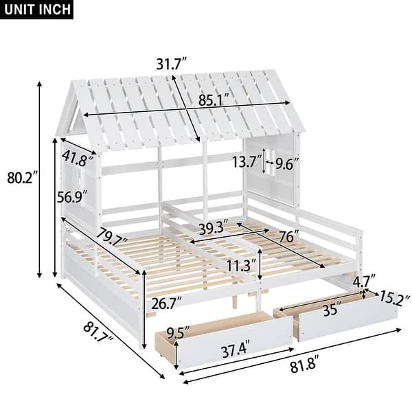 dimension image slide 1 of 2, Twin Size House Platform Beds with Two Drawers Shared Beds, Combination of 2 Twin Size Beds