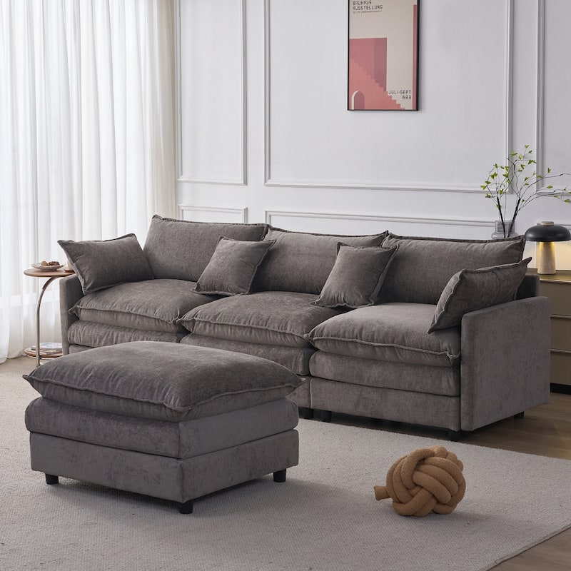 Upholstered Soft Chenille Fabric Sofa,3 Seater with Ottoman L Shape Sofa