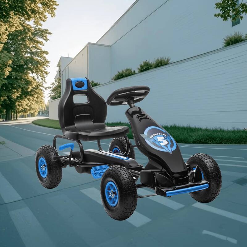 Pedal Go-Kart for Kids with Adjustable Ergonomic Seat, Shock Absorbing Suspension, and Safety Hand Brake, for Ages 5-12 - Blue