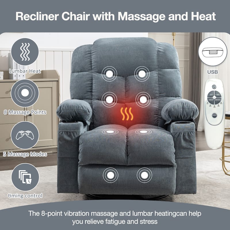 Manual Massage Recliner Chair, Overstuffed Rocker Chairs with Heat and 2 Cup Holders & USB Charge Port, for Living Room