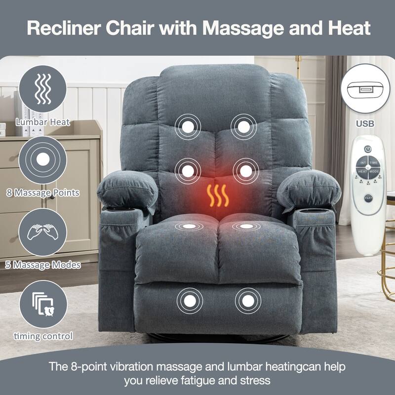 Oversized Manual Massage Rocker Recliner Chair Heat for Adults, Modern Living Room Single Sofa w/Cup Holders & USB Charge Port