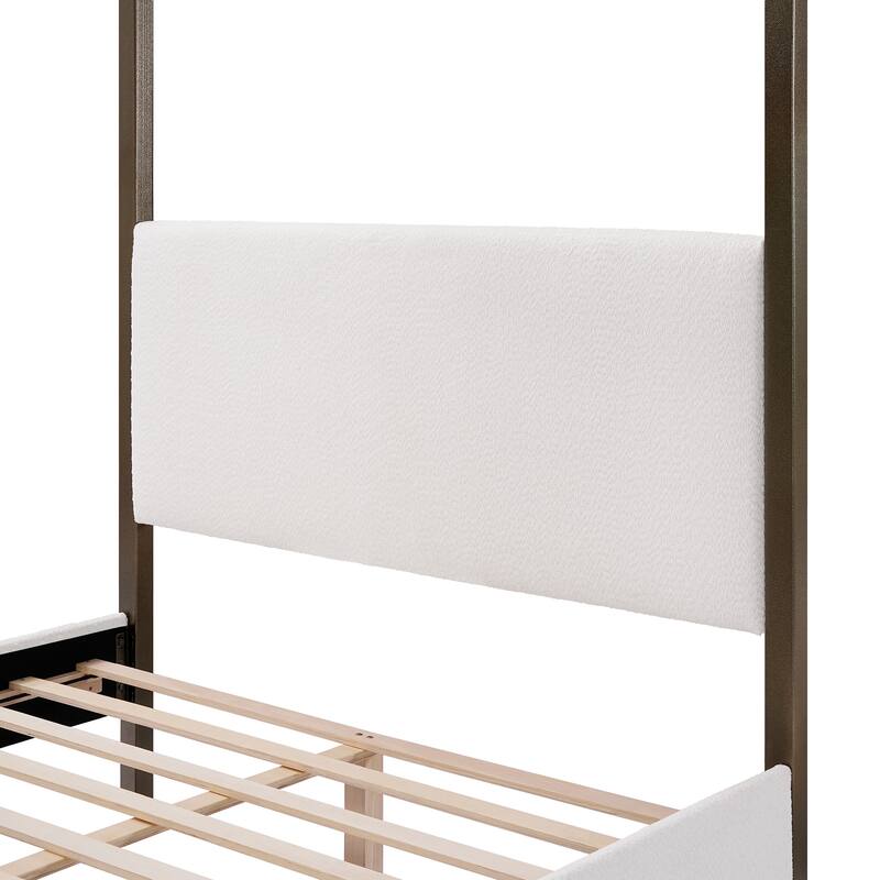 Boucle Upholstered Canopy Bed/ Metal Platform Bed Four-Poster Bed Frame