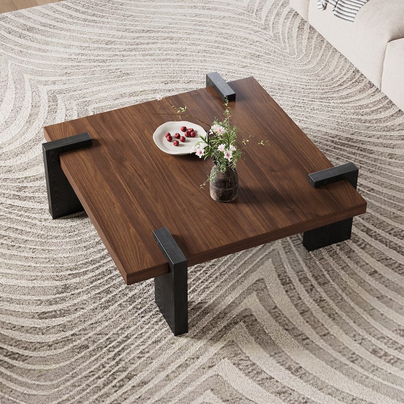 35.43" Mid Century Modern Square Coffee Table, Brown Solid Wood Veneer,4 Black Wood Legs