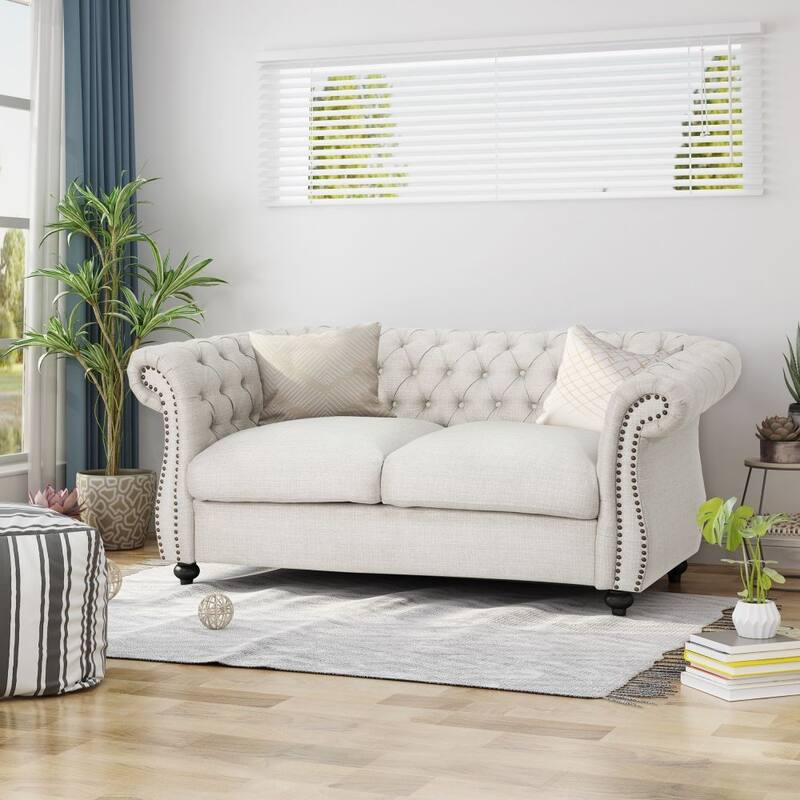 Button-Tufted Fabric Loveseat Sofa with Nailhead - Beige