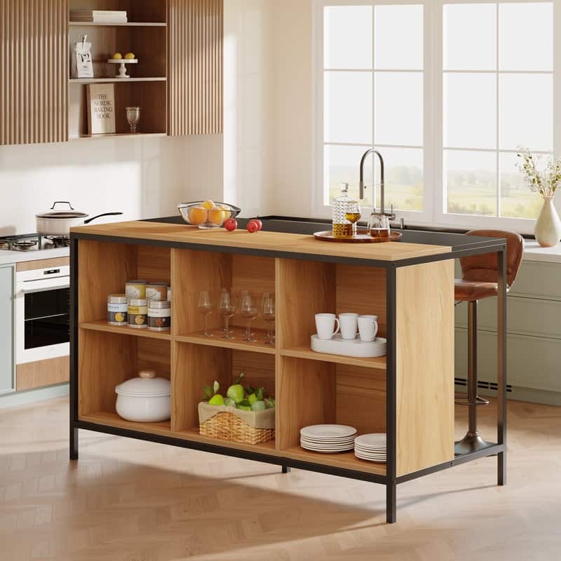Kitchen Island with 6 Cube Storage for Kitchen Dining Room - Brown and Black