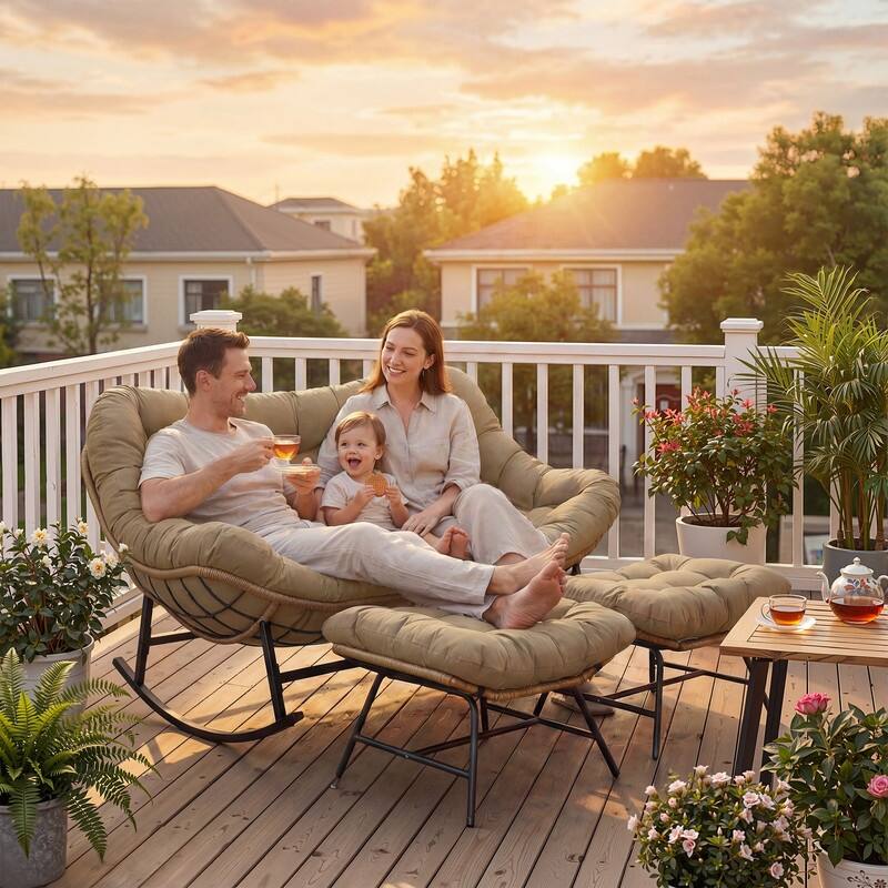 FINCATI Double Papasan Rocking Chair Outdoor Indoor, 700 lbs Heavy-Duty Double Wide Rocking Chair with 5.1 Inch Thick Cushion