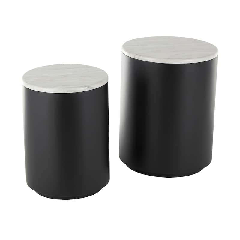 Black Metal Pedestal Coffee Table with Faux White Marble Top