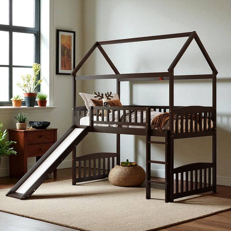 Twin Size House Loft Bed with Slide for Kids, Wood Frame Playhouse Style Bunk, No Box Spring Needed - Espresso - Twin