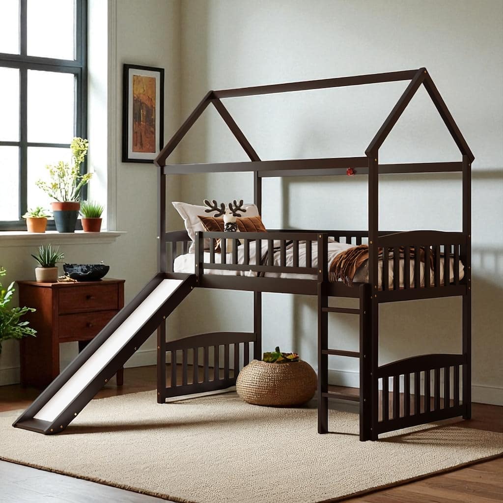 Twin Size House Loft Bed with Slide for Kids, Wood Frame Playhouse Style Bunk, No Box Spring Needed