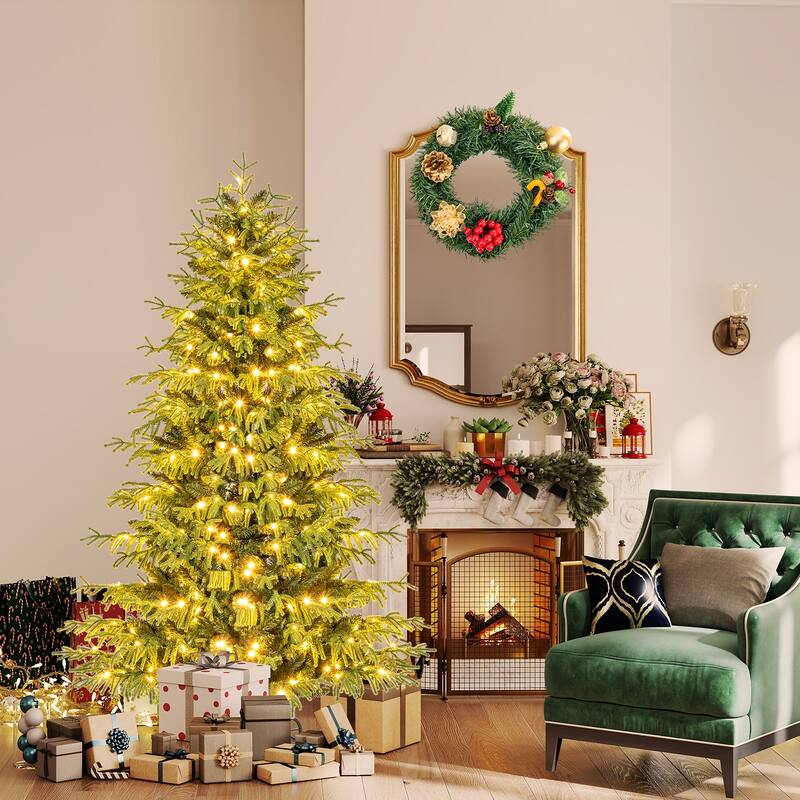 Gymax Pre-Lit Artificial Christmas Tree Hinged Full Xmas Tree w/ PVC &