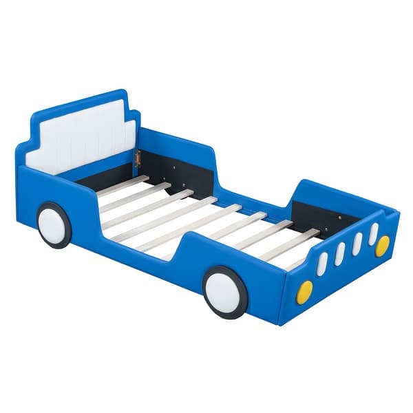 slide 2 of 21, Twin Car-Shaped Platform Upholstered Backrest Bed with Wheels Blue - Twin