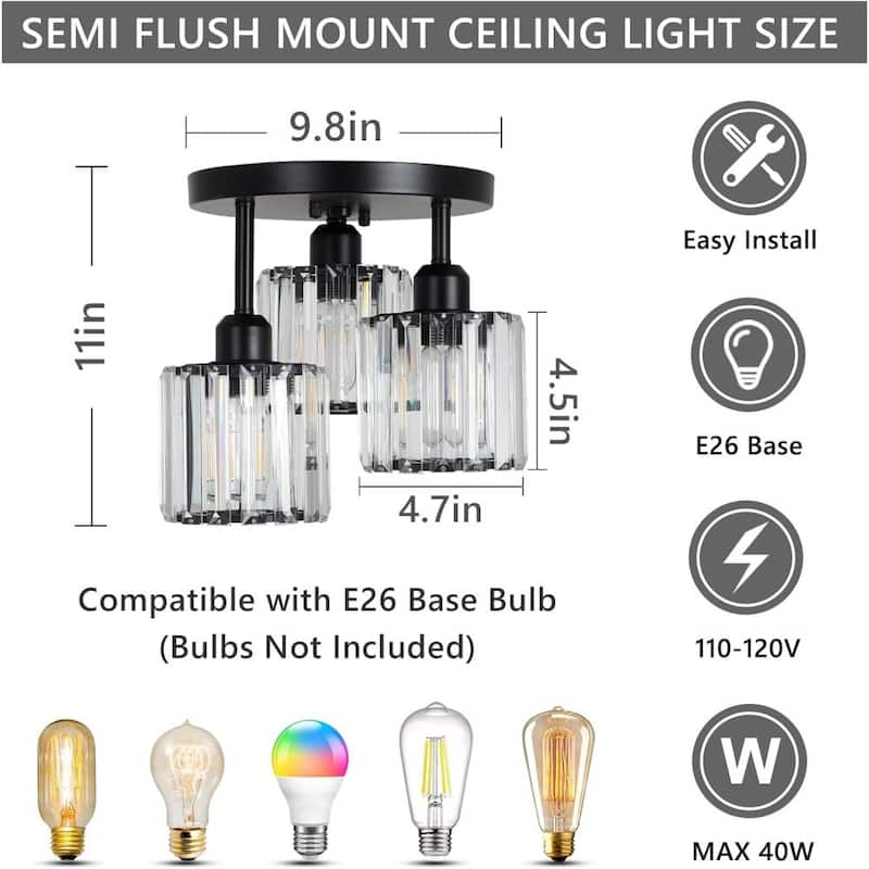 3-Light Semi Flush Mount Ceiling Light with Clear Crystal Shades