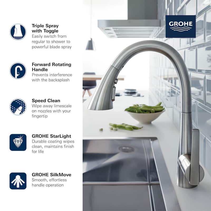 Grohe Zedra 1.75 GPM Single Hole Pull Down Kitchen Faucet with