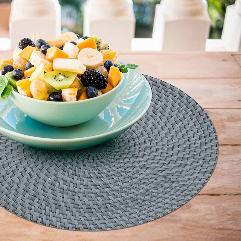 CounterArt Grey and Natural Basket Weave Design Round Reversible Easy Care Plastic Placemat Set of 4 Made in The USA