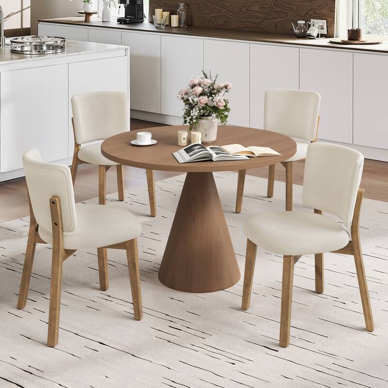 Fabric Upholstered Dining Chairs Set of 2/4 with Wooden Legs, Modern Kitchen Dining Chairs with Back, Walnut Flaxen - Beige Sand - Set of 4