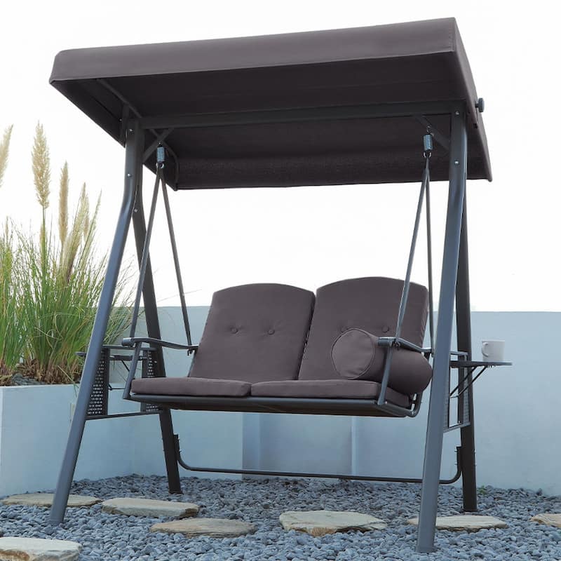 PURPLE LEAF 2-seat Outdoor Porch Swing with Adjustable Tilt Canopy and Stand