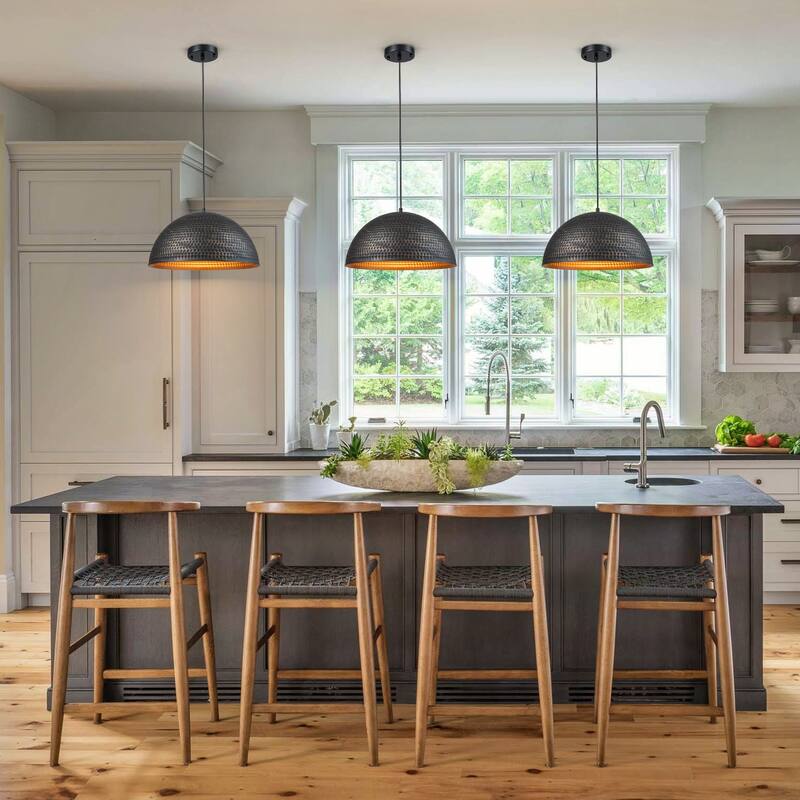 15.8" Industrial Modern Black Hammered Dome Pendant Light Fixture - W 15.75"