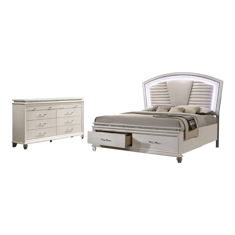 Xian Glam White Solid Wood 2-Piece Platform Bed and Dresser Set with LED by Furniture of America