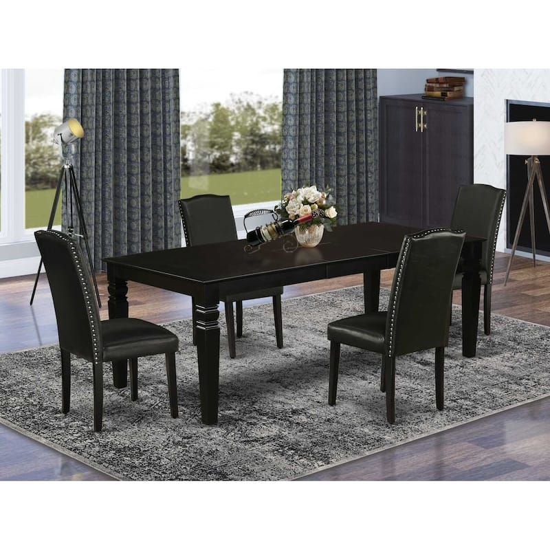 Rectangular Dining Set 5Pc Table W/Leaf & 4 Parsons Chairs - Black PU Leather Finish