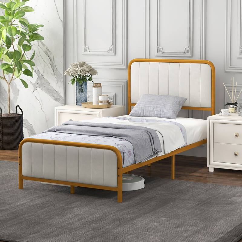 Costway Full Gold Metal Bed Frame Upholstered Platform Bed with Velvet