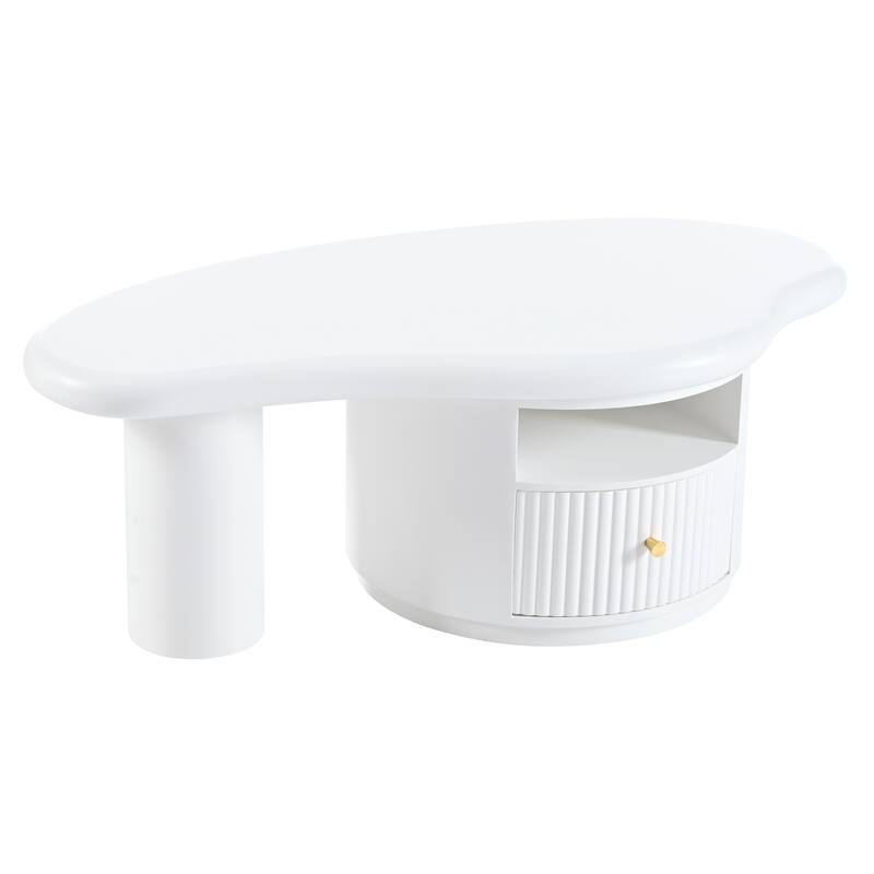 Roomfitters Cloud Coffee Table with Drawer and Open Shelf, Irregular Shape Accent Table for Stylish Living Room, White