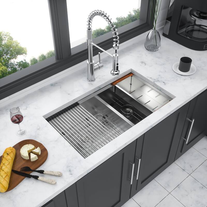 33" Undermount 16 Gauge Double Bowl Stainless Steel Kitchen Sink in Brushed Nickel - 33'' x 19'' x 10'' - Brushed Nickel - 33'' x 19'' x 10''