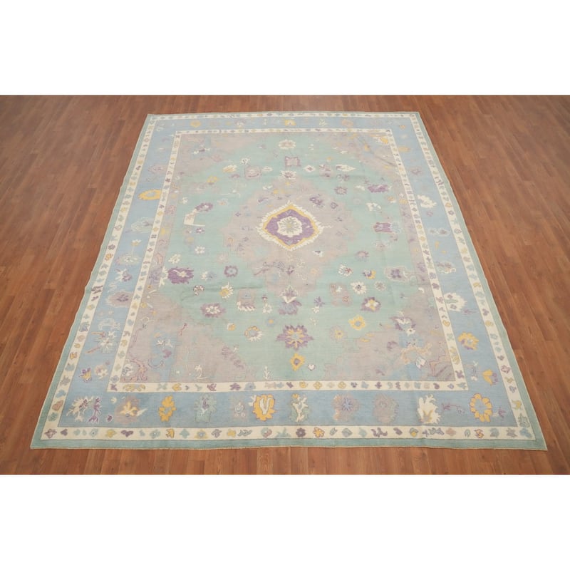 Hand Knotted Oriental 100% Wool Carpet Transitional Medallion Green Oushak Area Rug - 9' 11'' X 8' 6''