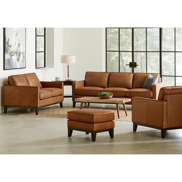 slide 1 of 8, Oakburn Four Piece Leather Sofa, Loveseat, Chair and Ottoman Set with Wood Base