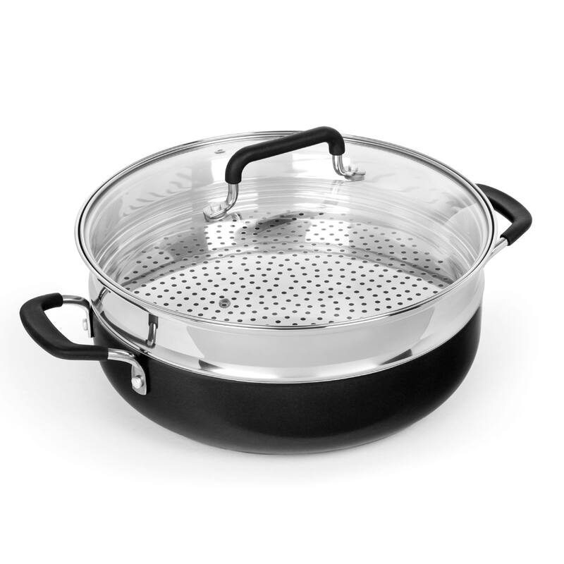 Granitestone Black 3 Piece Nonstick 5.5 Qt Everyday Pan with Lid and Steamer Insert - Speckled Multipurpose Cookware Set