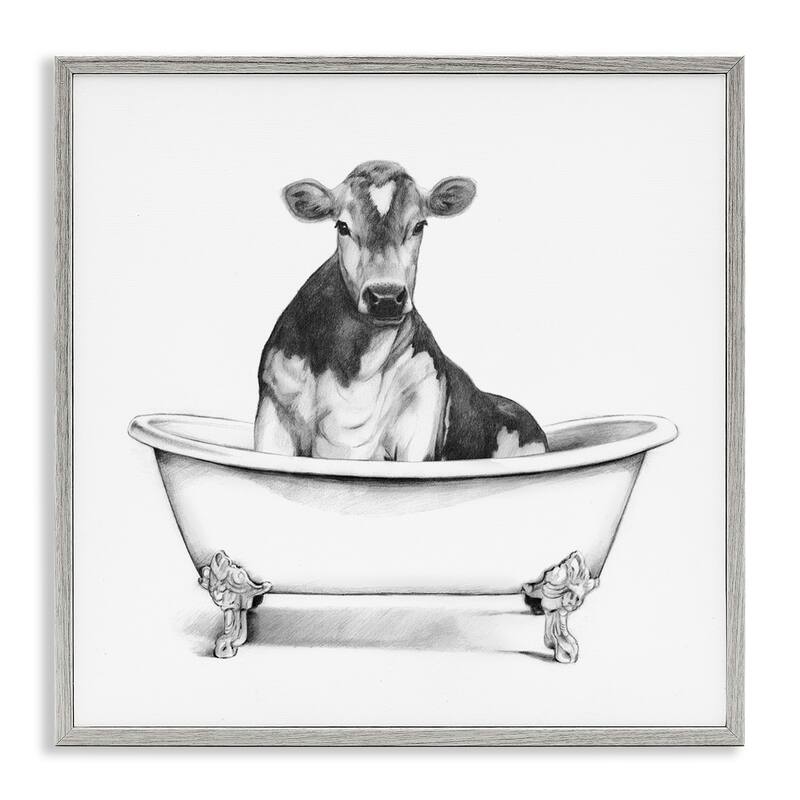 Stupell Cow in Claw Tub Minimal Farm Animal Sketch Framed Wall Art,12x12 - White - 24 x 24 - Wood - Grey
