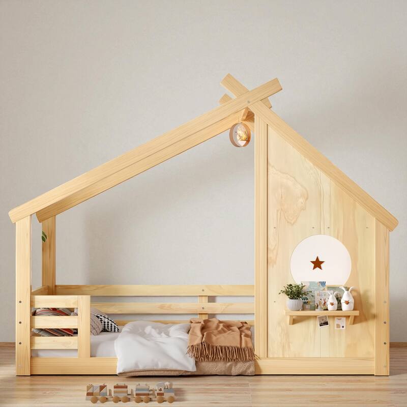 Twin/Full Size Solid Wood House Floor Bed with Window and Shelf, Montessori Low Bed Frame for Kids, No Box Spring Needed - Natural - Twin
