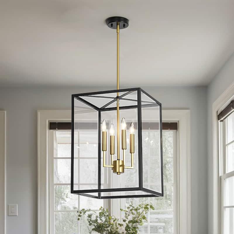 Black Brass 4-Light Metal Square Clear Glass Cage Chandelier