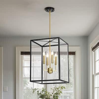 Black Brass 4-Light Metal Square Clear Glass Cage Chandelier
