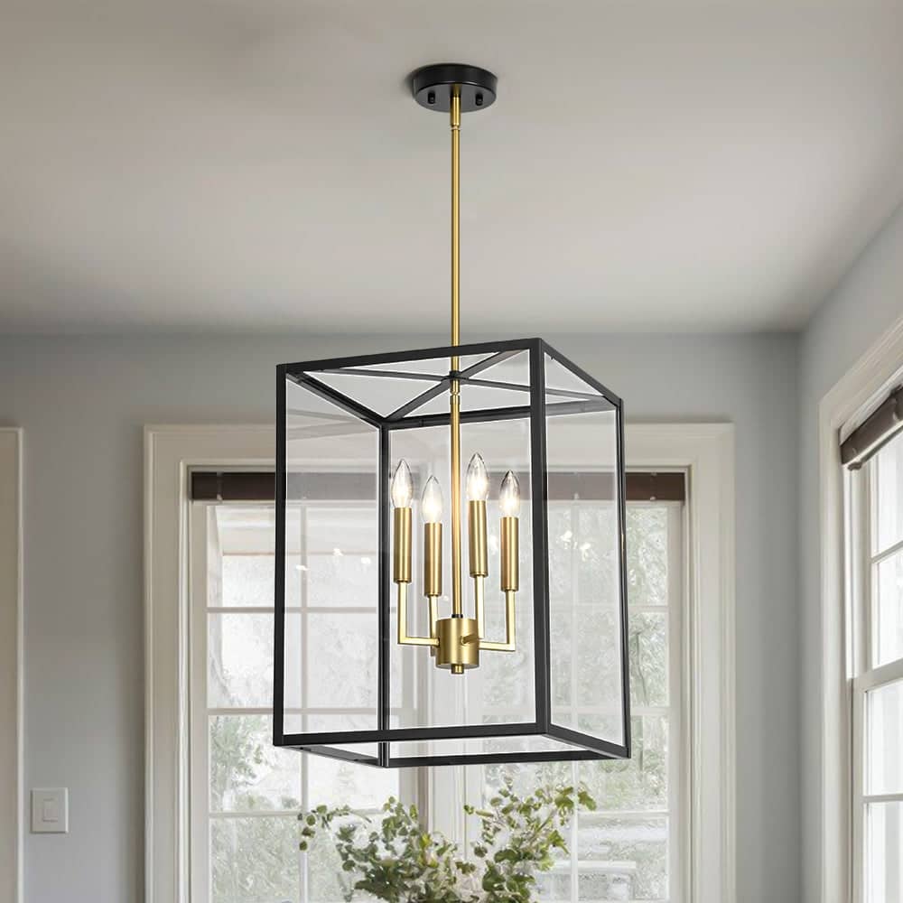 Black Brass 4-Light Metal Square Clear Glass Cage Chandelier