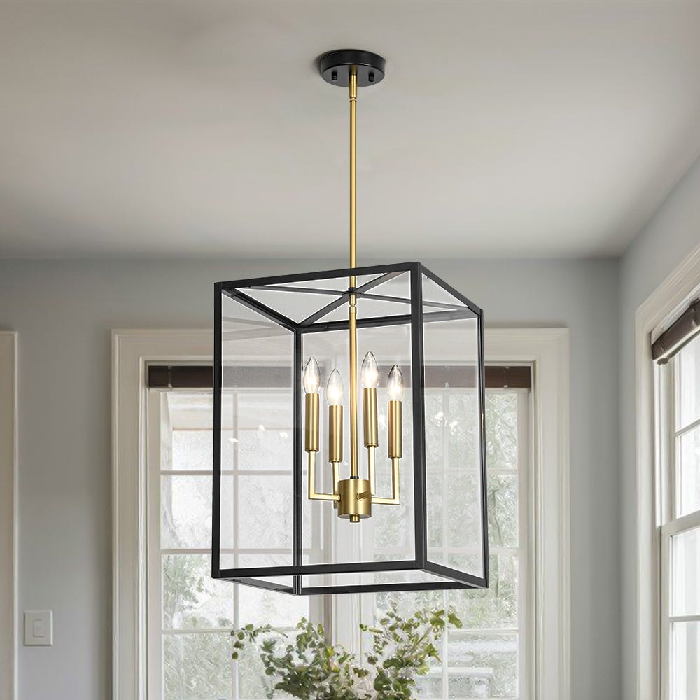 Black Brass 4-Light Metal Square Clear Glass Cage Chandelier