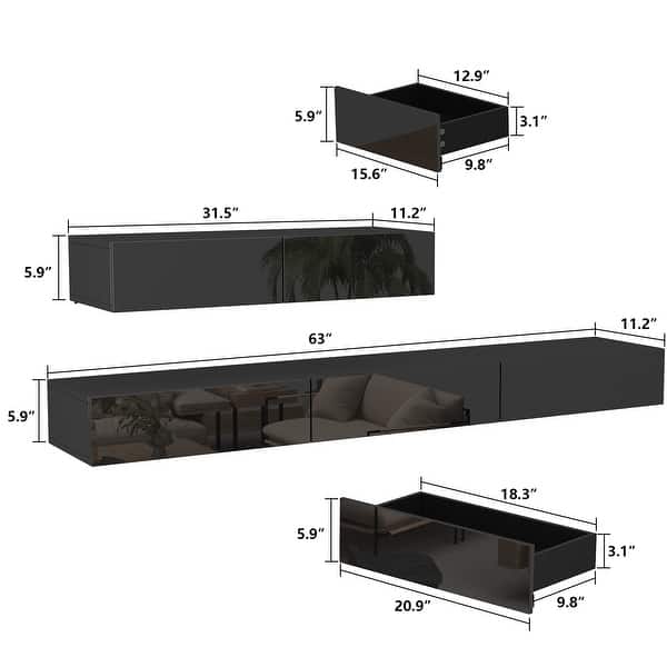 2 Piece TV Stand Wall Mounted TV Cabinet Modern High Gloss With Light - 94.5"