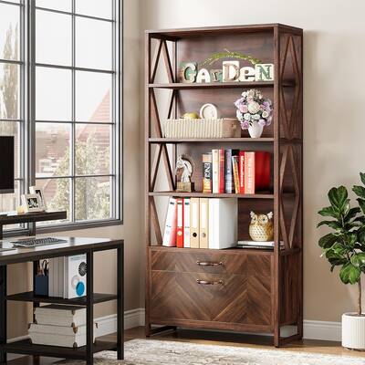 Bookcase with 2 Drawers, Tall Bookshelves with Filing Drawer