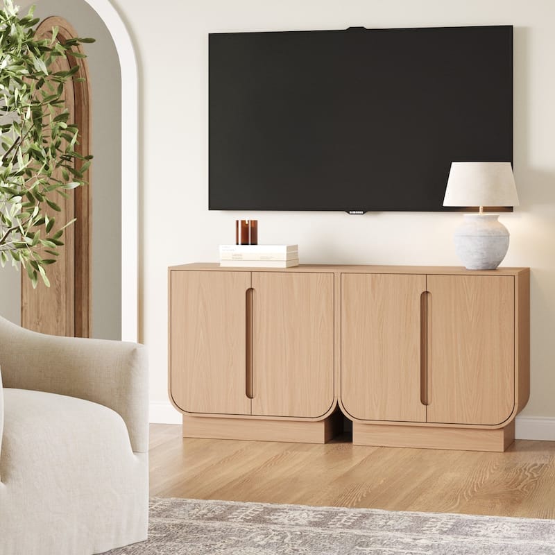 Joey Mid Century Modern Storage Cabinet, Arched Accent Cabinet with Rounded Bottom Edges and Integrated Door Pull Cutouts - Set of 2 - Raw Oak