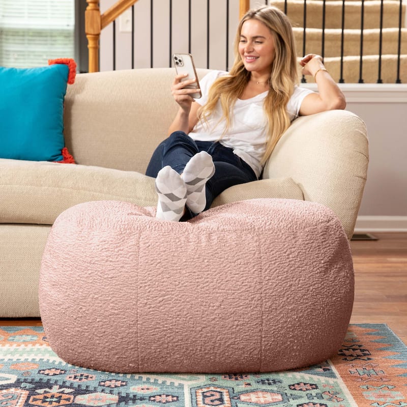 Jaxx Ellis Pouf - Modern Shearling Faux-Lamb Plush Fleece Ottoman - Oval - Pink