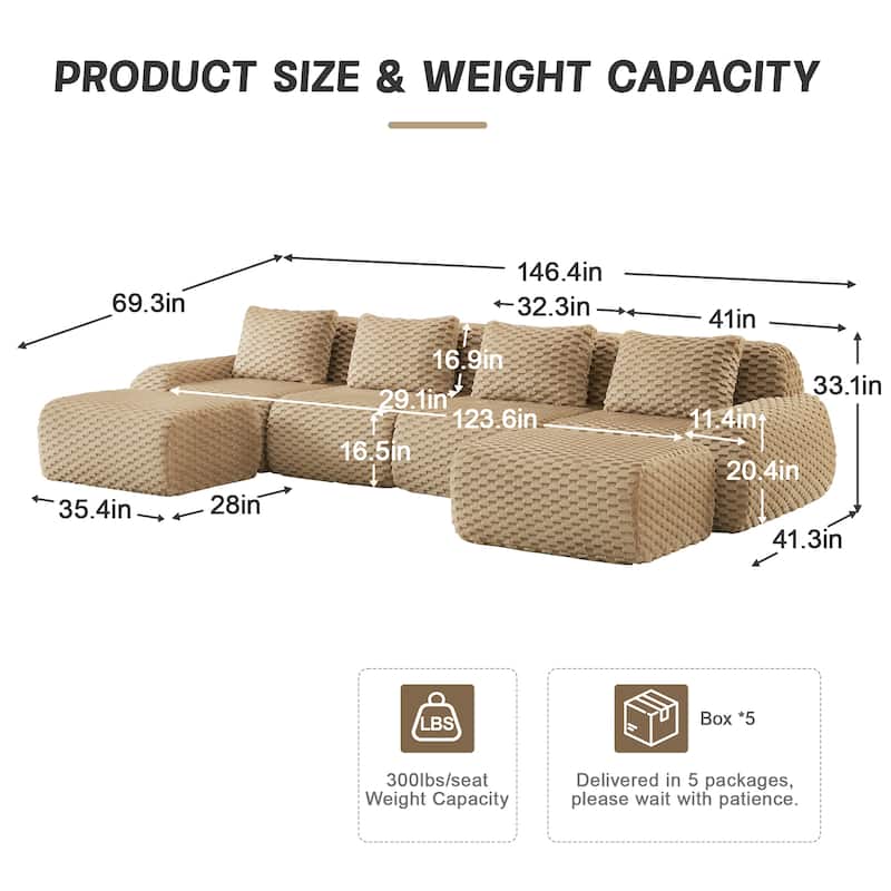 Roomfitters 114 Inch Modular Sectional Sofa, Oversized Flannelette 3-Seater, Light Camel