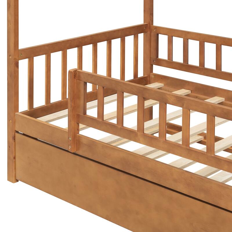 Twin Size Wooden House Bed with Twin Size Trundle