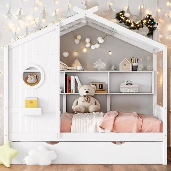 slide 2 of 12, Full Size House Bed with Trundle and Storage Shelf White