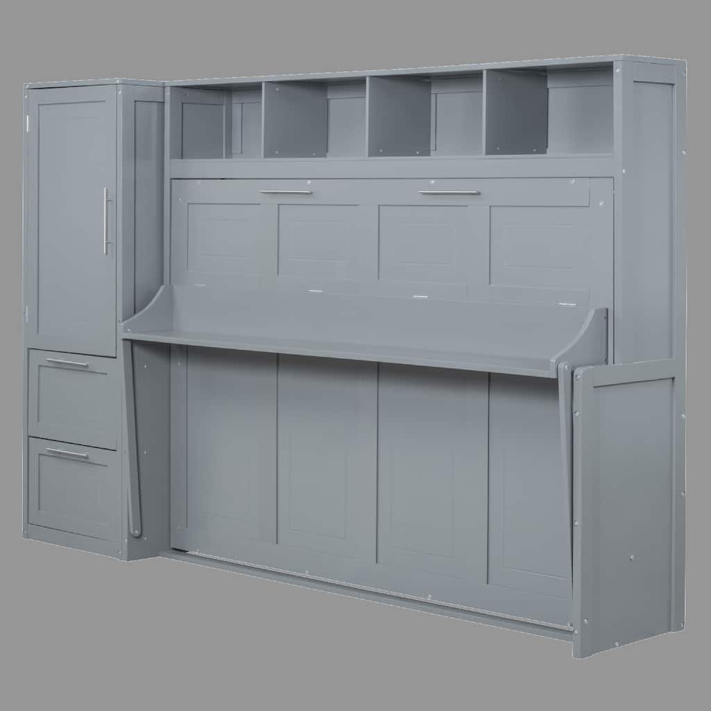 Space-Saving Full/Queen Size Murphy Bed with Closet, Drawers & Under-Bed Storage, Flexible Design