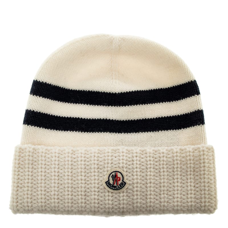 Moncler Cashmere Wool Striped Beanie - Cream and Navy