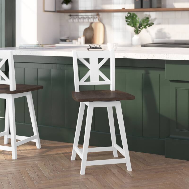 Modern Farmhouse Wooden Swivel Bar Stool - Antique White Wash Frame Gray Wash Seat