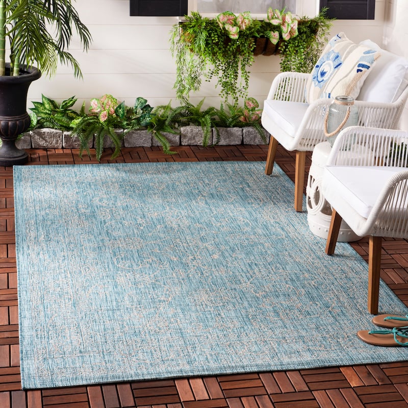 SAFAVIEH Courtyard Aquata Indoor/ Outdoor Waterproof Patio Backyard Rug - 5'3" x 7'7" - Aqua/Grey