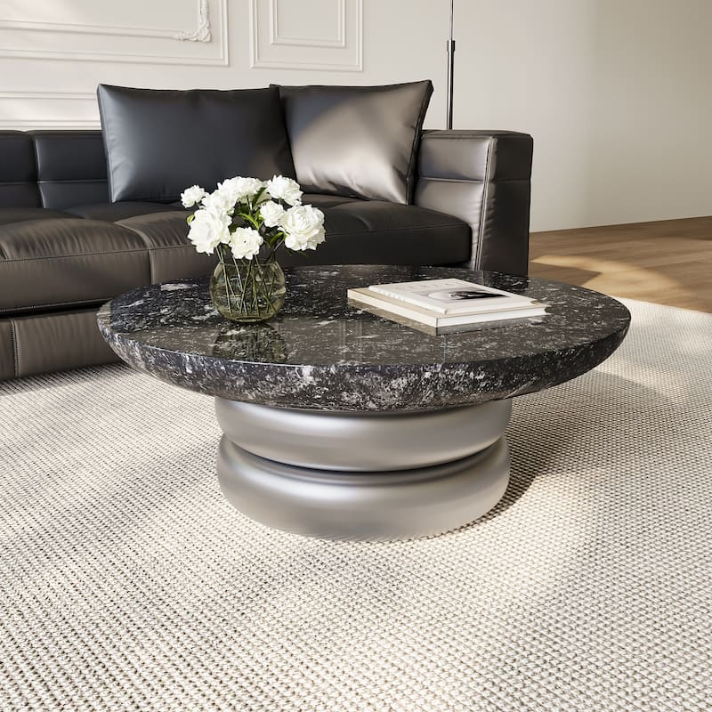 35.43" Round Coffee Table, Black Faux Marble table top, Silver Wood Base