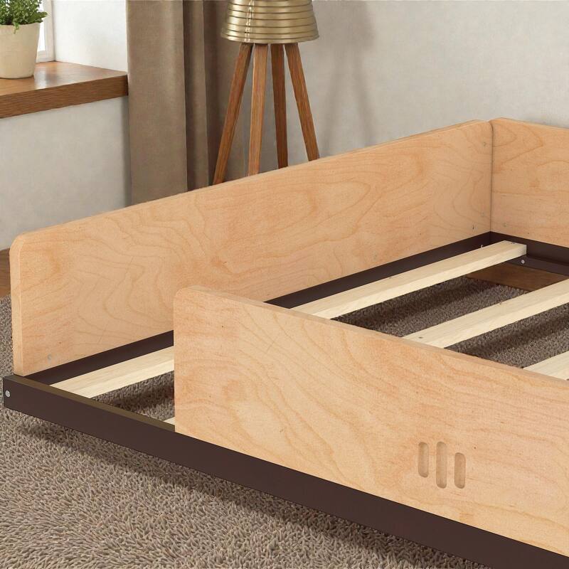 Kids Car Floor Bed with Storage Drawers and Desk, Car-Shaped Wood Floor Bed with Window, Twin Full Sizes